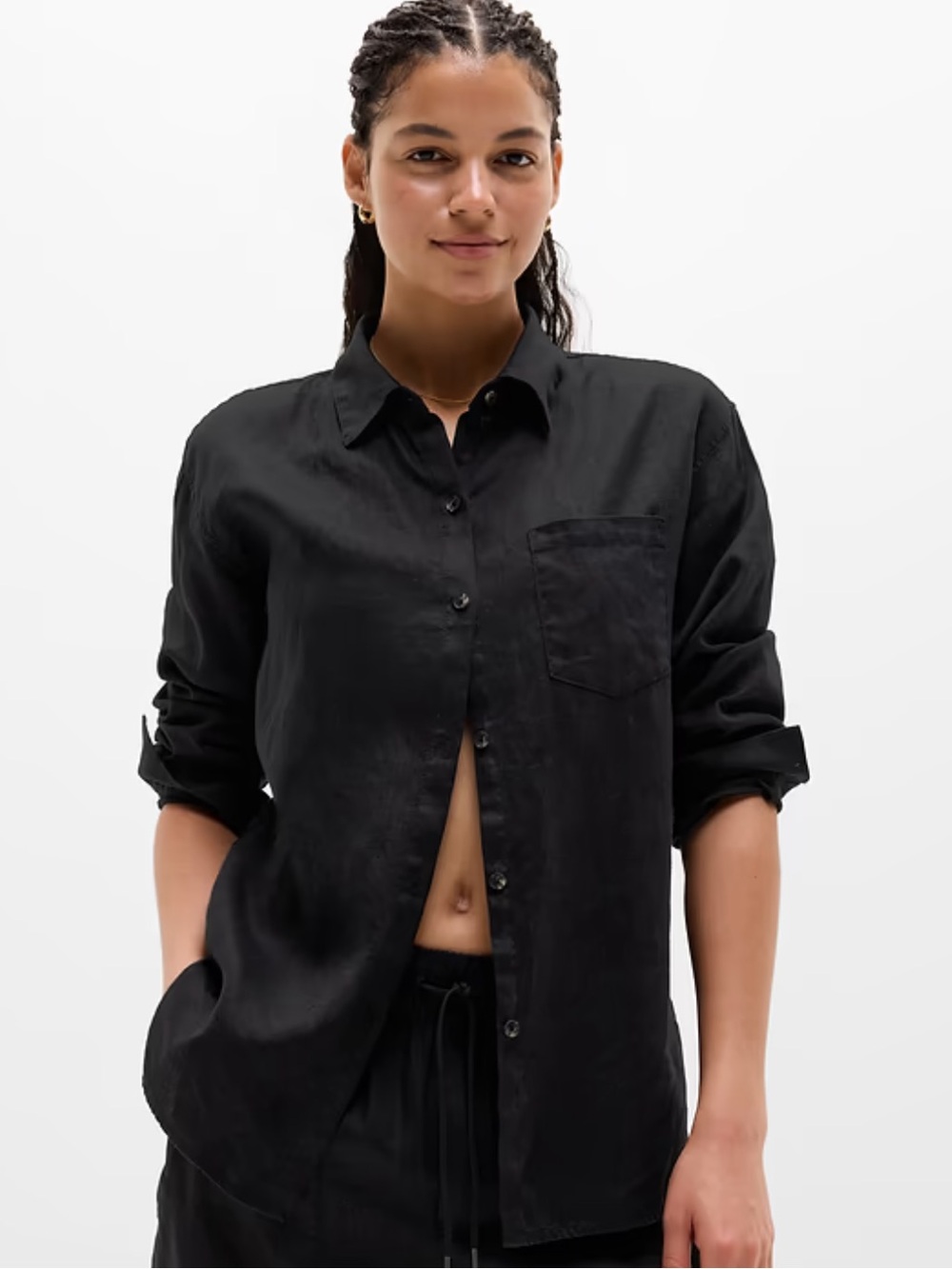Athleta Retreat Linen Top Black Button-Down Shirt Small 100% Linen